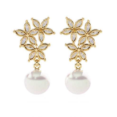 Twinkle Petal Chain & Floral Pearl Drops earrings (925 Sterling Silver base)