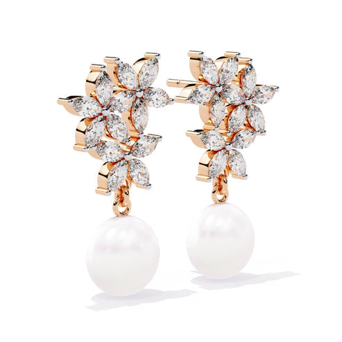 Twinkle Petal Chain & Floral Pearl Drops earrings (925 Sterling Silver base)