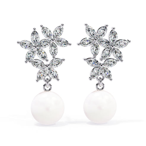 Twinkle Petal Chain & Floral Pearl Drops earrings (925 Sterling Silver base)