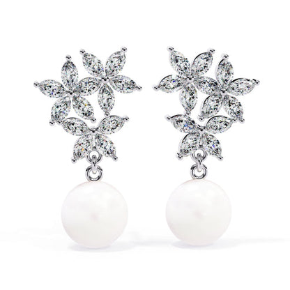 Twinkle Petal Chain & Floral Pearl Drops earrings (925 Sterling Silver base)